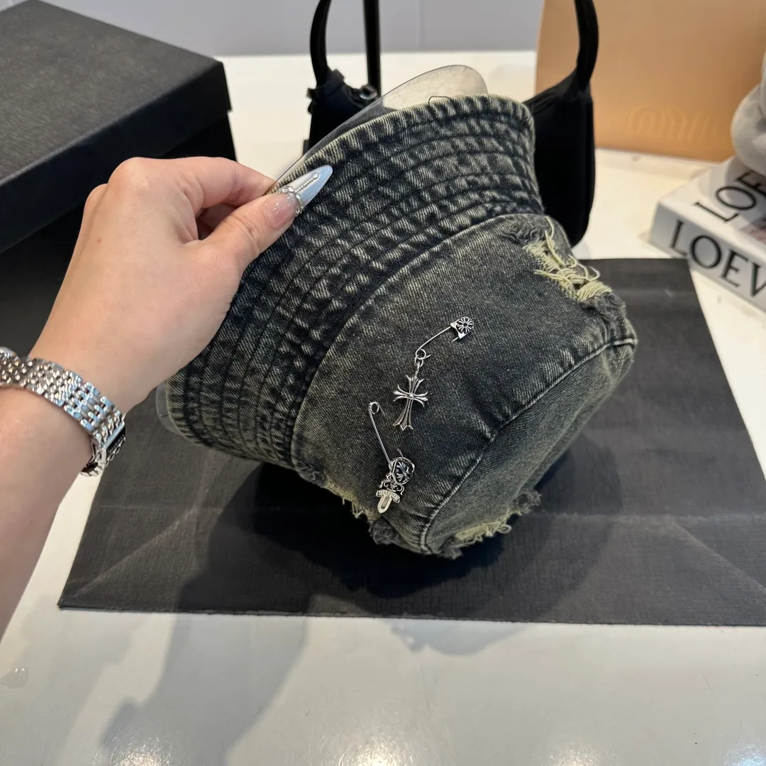 P60 Croxin spring and summer new denim fisherman hat, retro old street style, washed and torn edges, photo-taking item
